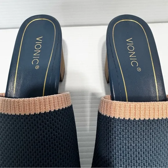 Vionic Fleur Navy Pink Knit Heeled Mules Size 9.5