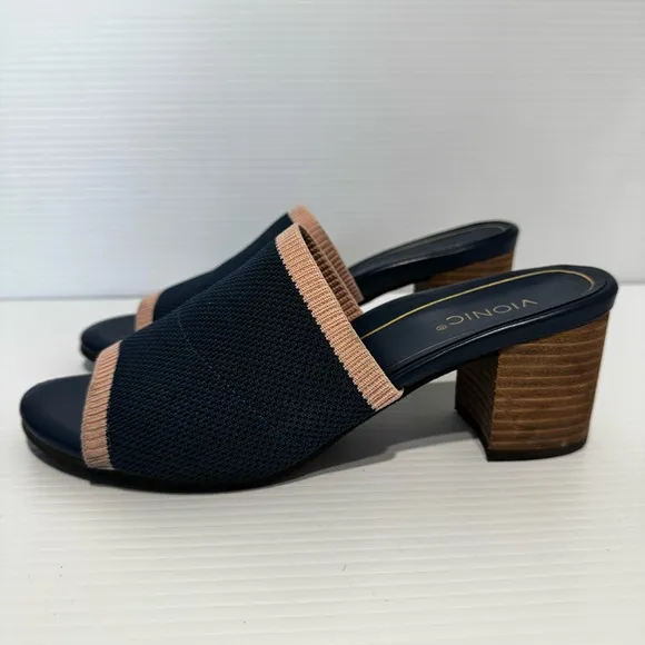 Vionic Fleur Navy Pink Knit Heeled Mules Size 9.5