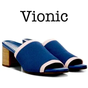 Vionic Fleur Navy Pink Knit Heeled Mules Size 9.5