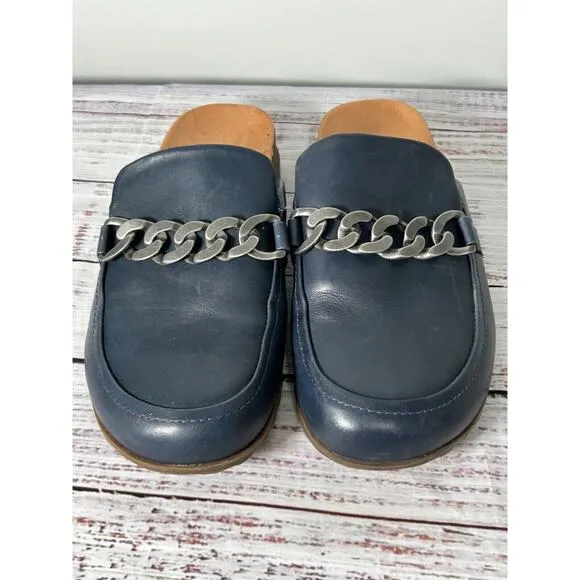 Vionic Georgie Women Navy Leather Comfort Mules Slip On Chain Clogs Size 9