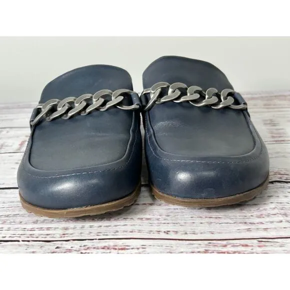 Vionic Georgie Women Navy Leather Comfort Mules Slip On Chain Clogs Size 9