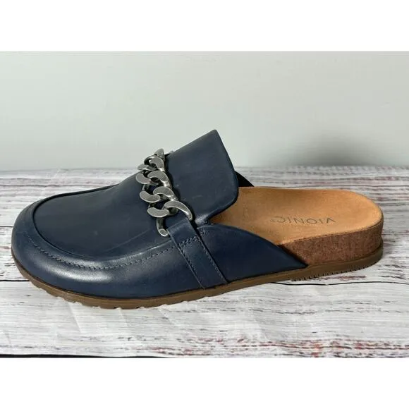 Vionic Georgie Women Navy Leather Comfort Mules Slip On Chain Clogs Size 9