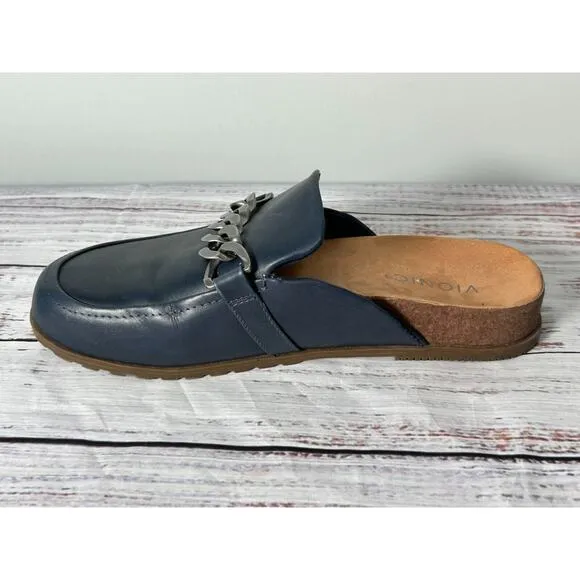 Vionic Georgie Women Navy Leather Comfort Mules Slip On Chain Clogs Size 9