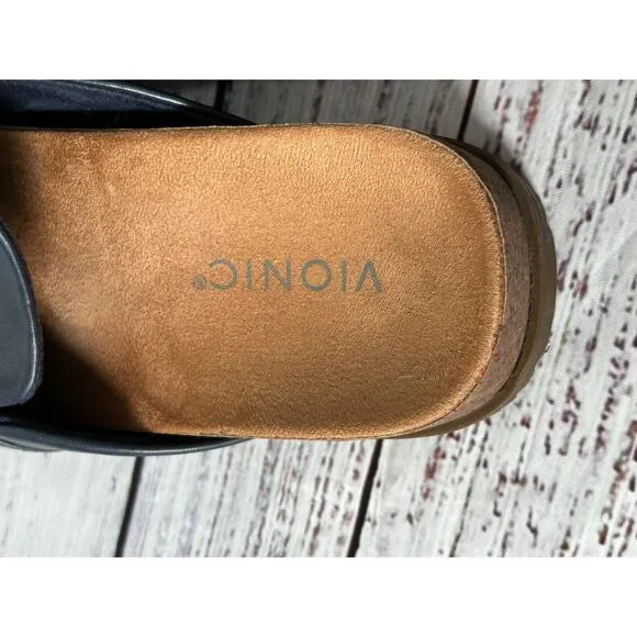 Vionic Georgie Women Navy Leather Comfort Mules Slip On Chain Clogs Size 9