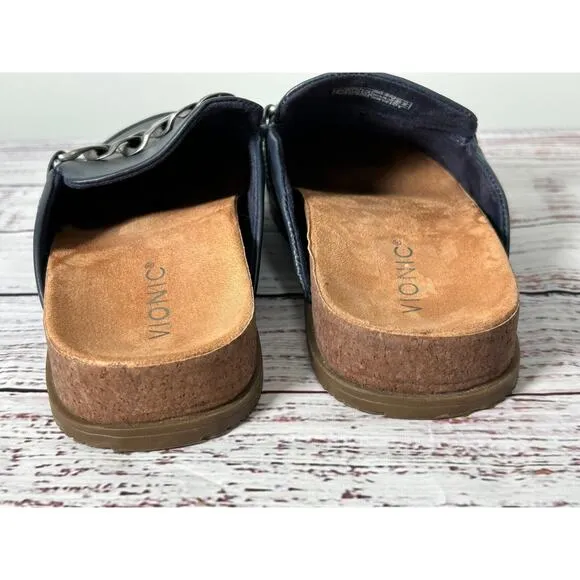 Vionic Georgie Women Navy Leather Comfort Mules Slip On Chain Clogs Size 9