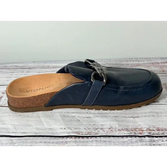 Vionic Georgie Women Navy Leather Comfort Mules Slip On Chain Clogs Size 9