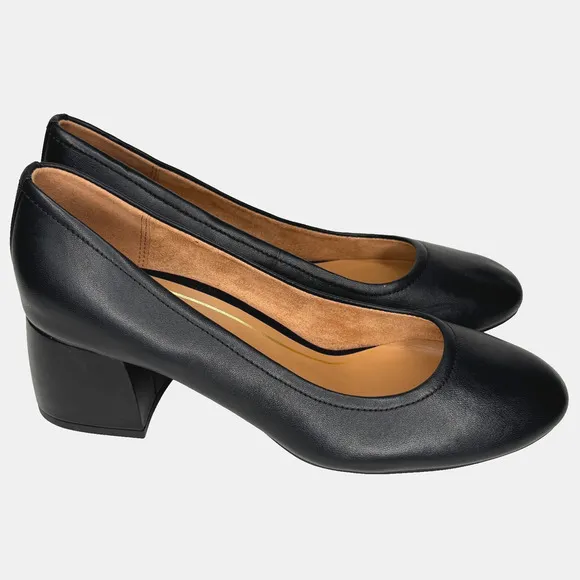 Vionic Shoes Womens Size 9.5 Black Leather Carmel Block Heel Slip On Pumps NWOT