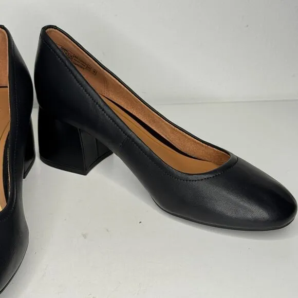 Vionic Shoes Womens Size 9.5 Black Leather Carmel Block Heel Slip On Pumps NWOT