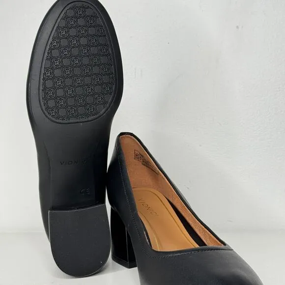 Vionic Shoes Womens Size 9.5 Black Leather Carmel Block Heel Slip On Pumps NWOT