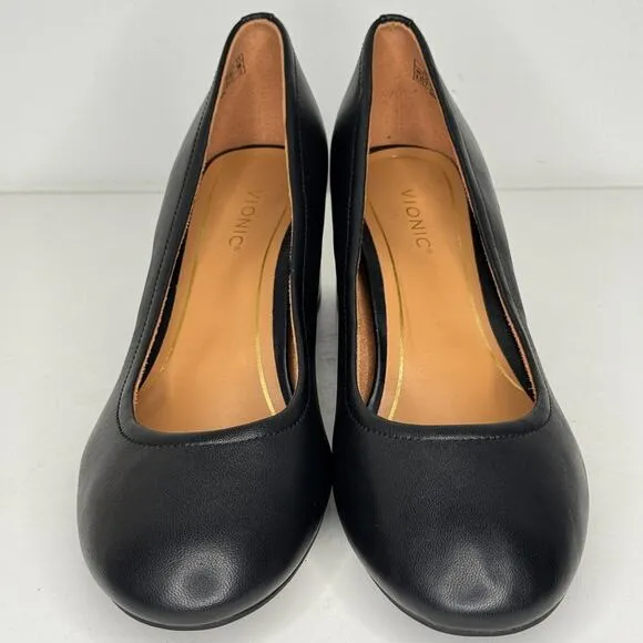 Vionic Shoes Womens Size 9.5 Black Leather Carmel Block Heel Slip On Pumps NWOT