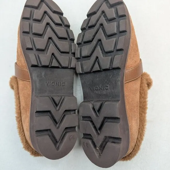 Vionic Women's Kailen‎ Faux Fur Tan Brown Sherpa Mules Slip-On Size 6.5