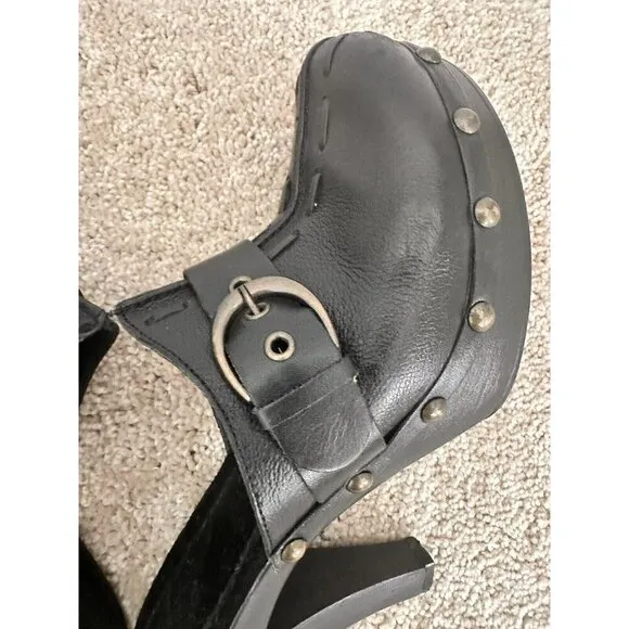 VNT W Mountain Cornelia Women Mules 8 Black Leather Studded Heel Retro Disco 70s