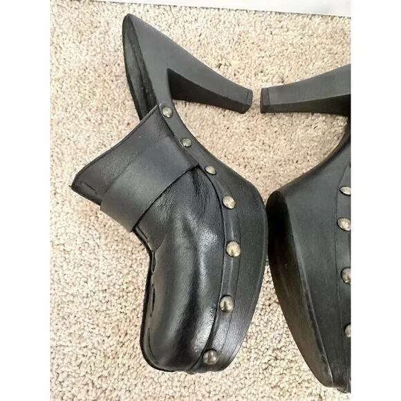 VNT W Mountain Cornelia Women Mules 8 Black Leather Studded Heel Retro Disco 70s