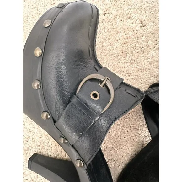 VNT W Mountain Cornelia Women Mules 8 Black Leather Studded Heel Retro Disco 70s