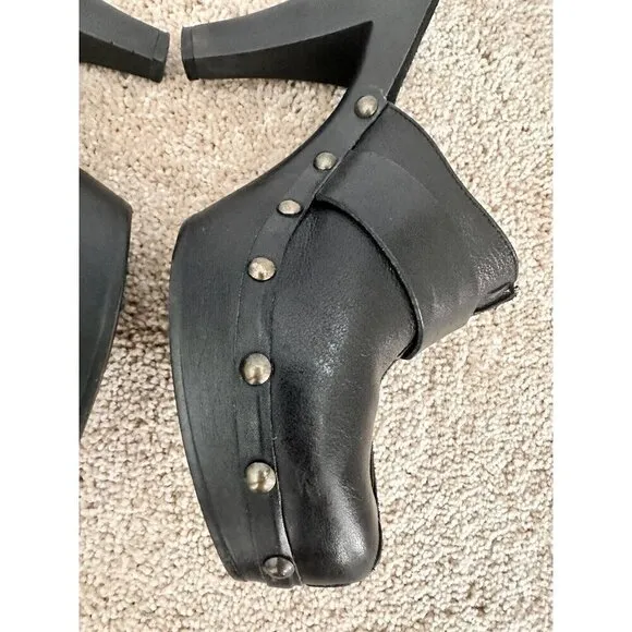 VNT W Mountain Cornelia Women Mules 8 Black Leather Studded Heel Retro Disco 70s