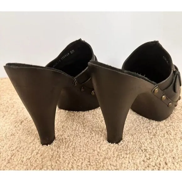 VNT W Mountain Cornelia Women Mules 8 Black Leather Studded Heel Retro Disco 70s