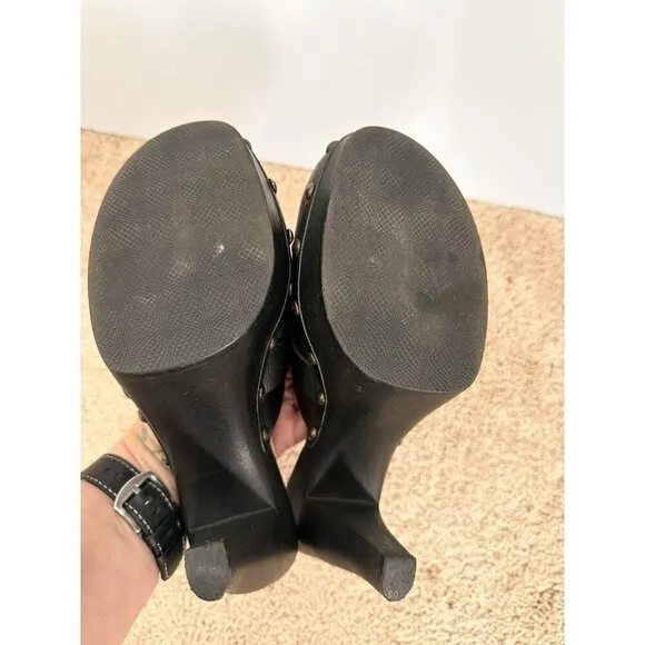VNT W Mountain Cornelia Women Mules 8 Black Leather Studded Heel Retro Disco 70s