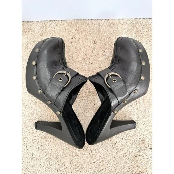 VNT W Mountain Cornelia Women Mules 8 Black Leather Studded Heel Retro Disco 70s
