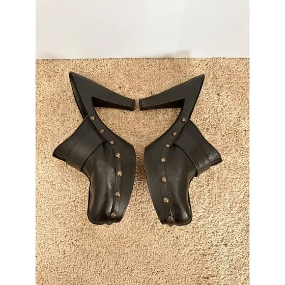 VNT W Mountain Cornelia Women Mules 8 Black Leather Studded Heel Retro Disco 70s