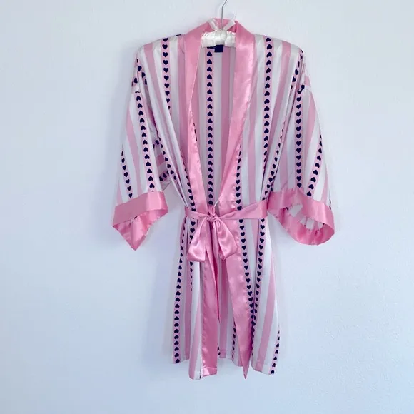 VS Very Sexy Short Satin Kimono with Vertical Heart Print Pink Stripe XS/Small
