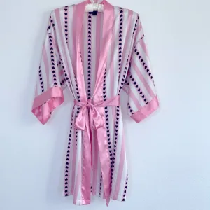 VS Very Sexy Short Satin Kimono with Vertical Heart Print Pink Stripe XS/Small