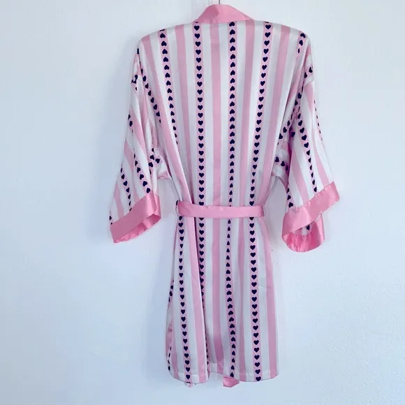 VS Very Sexy Short Satin Kimono with Vertical Heart Print Pink Stripe XS/Small