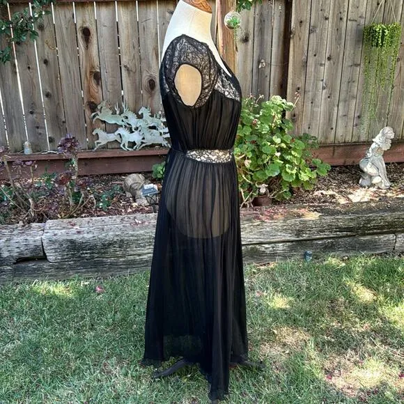 Vtg 40s 50s Barbizon Nightgown Lingerie Slip 18 Misses Black Sheer Slip Dress