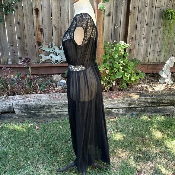 Vtg 40s 50s Barbizon Nightgown Lingerie Slip 18 Misses Black Sheer Slip Dress