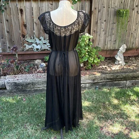Vtg 40s 50s Barbizon Nightgown Lingerie Slip 18 Misses Black Sheer Slip Dress