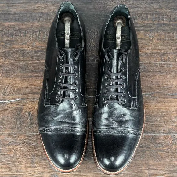 VTG 60s Stacy Adams Oxfords Mens 12D Black Goat Skin Leather Cap Toe Dress‎ Shoe