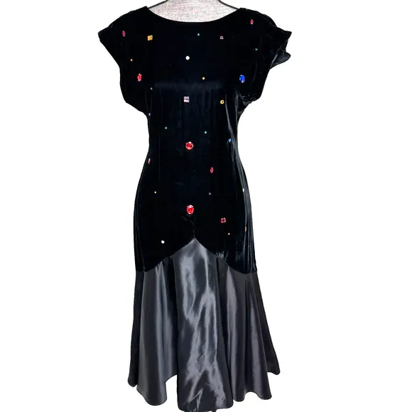 VTG 70s Fredericks of Hollywood Slip Dress 7/8 Midi Satin Velvet Studded Disco