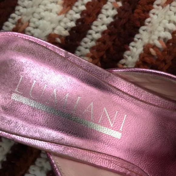 VTG 90s Lumiani Pink leather pointed toe kitten heels mules pumps flower Italy