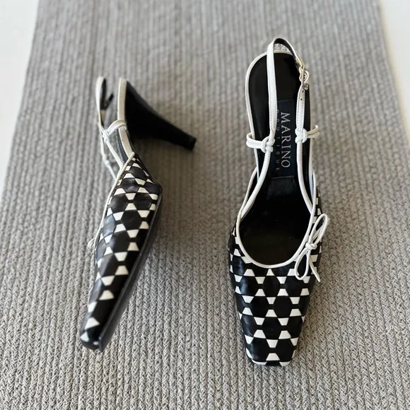 Vtg 90’s Marino Boutique Black White Geometric Pointed Toe Slingback Heels Sz 8