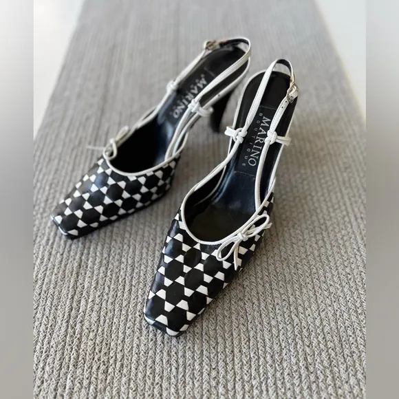 Vtg 90’s Marino Boutique Black White Geometric Pointed Toe Slingback Heels Sz 8