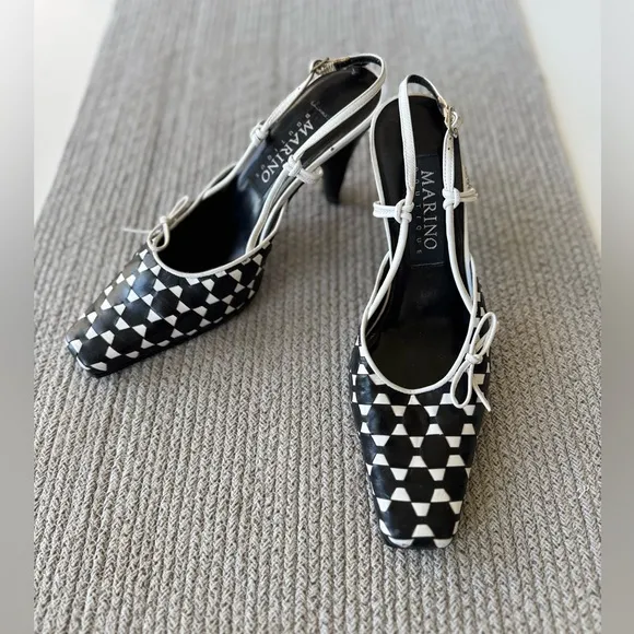 Vtg 90’s Marino Boutique Black White Geometric Pointed Toe Slingback Heels Sz 8