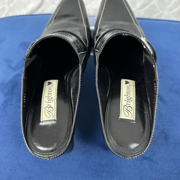 Vtg Brighton Leather Mules 6.5M Black Tiana Slip-On 2&quot; Heels Croc Western Brazil