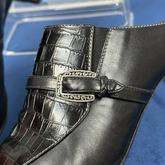 Vtg Brighton Leather Mules 6.5M Black Tiana Slip-On 2&quot; Heels Croc Western Brazil