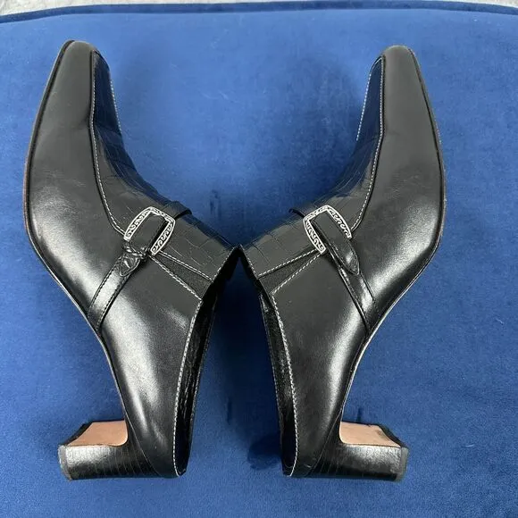 Vtg Brighton Leather Mules 6.5M Black Tiana Slip-On 2&quot; Heels Croc Western Brazil