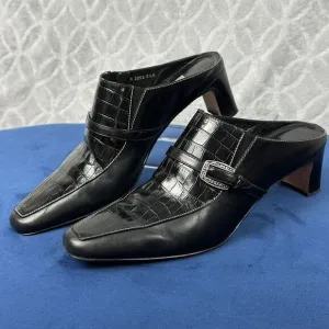 Vtg Brighton Leather Mules 6.5M Black Tiana Slip-On 2&quot; Heels Croc Western Brazil