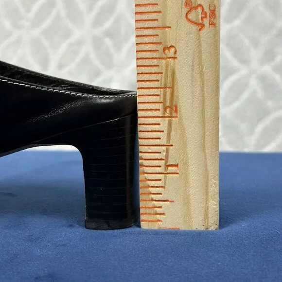 Vtg Brighton Leather Mules 6.5M Black Tiana Slip-On 2&quot; Heels Croc Western Brazil