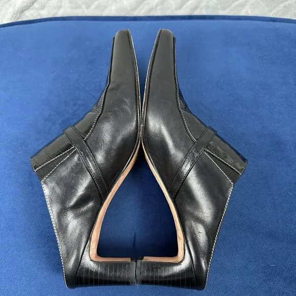 Vtg Brighton Leather Mules 6.5M Black Tiana Slip-On 2&quot; Heels Croc Western Brazil