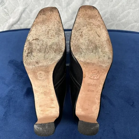 Vtg Brighton Leather Mules 6.5M Black Tiana Slip-On 2&quot; Heels Croc Western Brazil