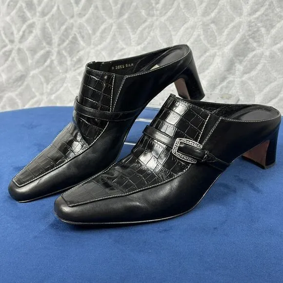 Vtg Brighton Leather Mules 6.5M Black Tiana Slip-On 2&quot; Heels Croc Western Brazil