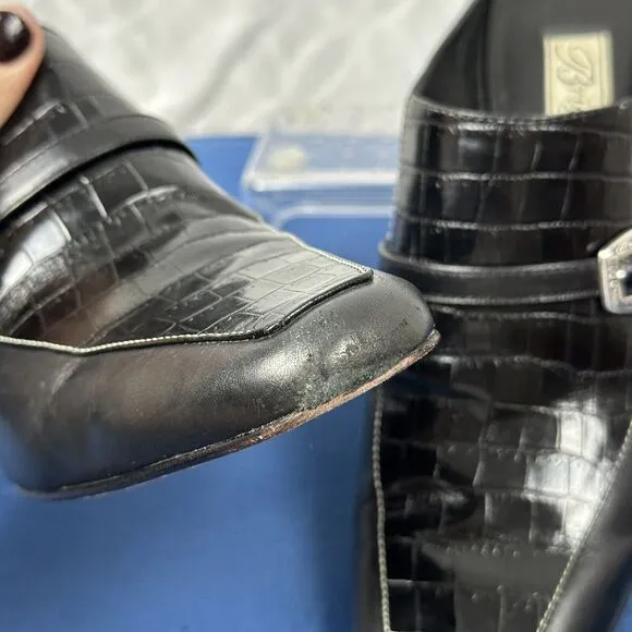Vtg Brighton Leather Mules 6.5M Black Tiana Slip-On 2&quot; Heels Croc Western Brazil