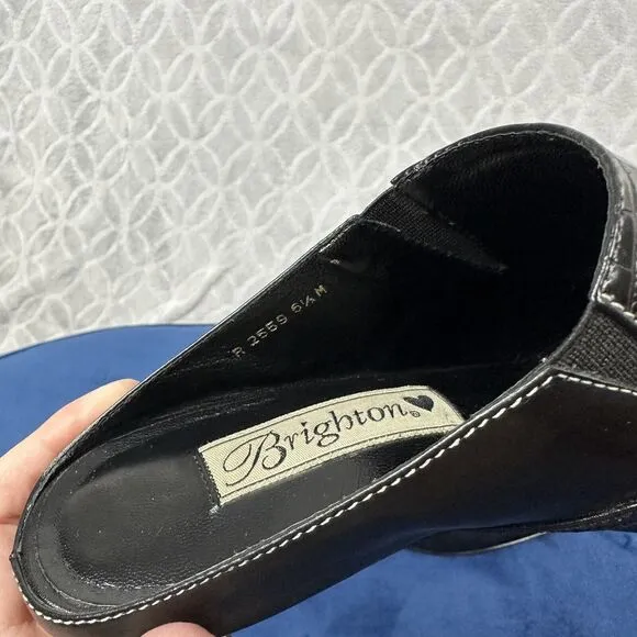 Vtg Brighton Leather Mules 6.5M Black Tiana Slip-On 2&quot; Heels Croc Western Brazil