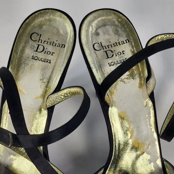 VTG Christian Dior Souliers Ankle Slingback heels US 10 B Pump Sandal Black Shoe