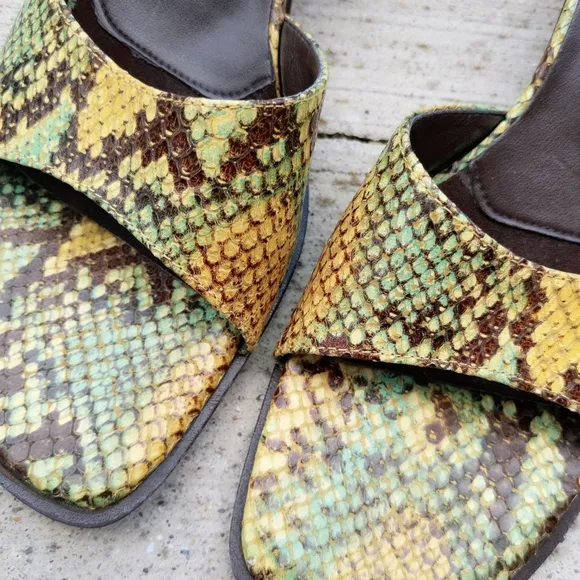 Vtg Enzo Angiolini Yellow Green Python Snake Mules