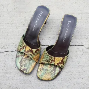 Vtg Enzo Angiolini Yellow Green Python Snake Mules