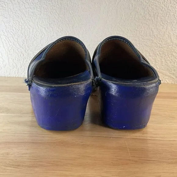 Vtg Swedish Wooden Clogs Women’s Size 7 (37) Blue Leather Handmade