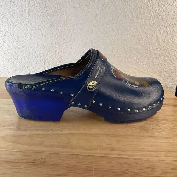 Vtg Swedish Wooden Clogs Women’s Size 7 (37) Blue Leather Handmade